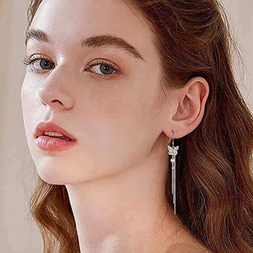 Elequeen Silver Tassel Earrings Cubic Zirconia Butterfly Drop 3 Chain Dangle Earrings For Women Teens Girls #TOP1