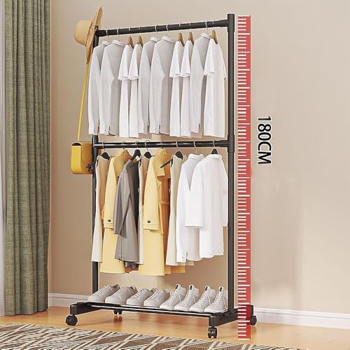 Image of Heavy Duty Metal Garment Rack with Wheels | Portable Clothes Hanging Stand | Rolling Clothing Rack for Bedroom, Laundry & Retail Store | Space Saving Cloth Stand (Black 1)
