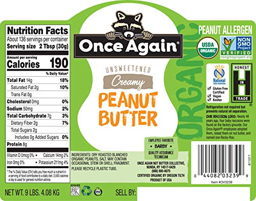 Once Again Organic Creamy Peanut Butter, 9Lb (Same As 9 Jars) - Lightly Salted, Unsweetened - Usda Organic, Gluten Free Certified, Vegan, Kosher #TOP1