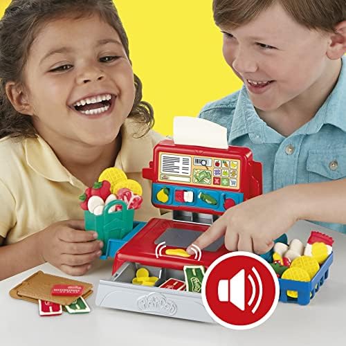 Kasa sklepowa Play-Doh, zabawka dla dzieci w wieku od 3 lat z wesołymi dźwiękami, akcesoriami do sztucznego jedzenia i nietoksyczną ciastoliną Play-Doh w 4 kolorach