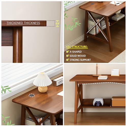 NELYE Extra Long Desk with Bookshelf - Wooden Home Office Work Study Table, Writing Computer Workstation with Storage Shelf in Oak, 55" Wx20 Dx30 H