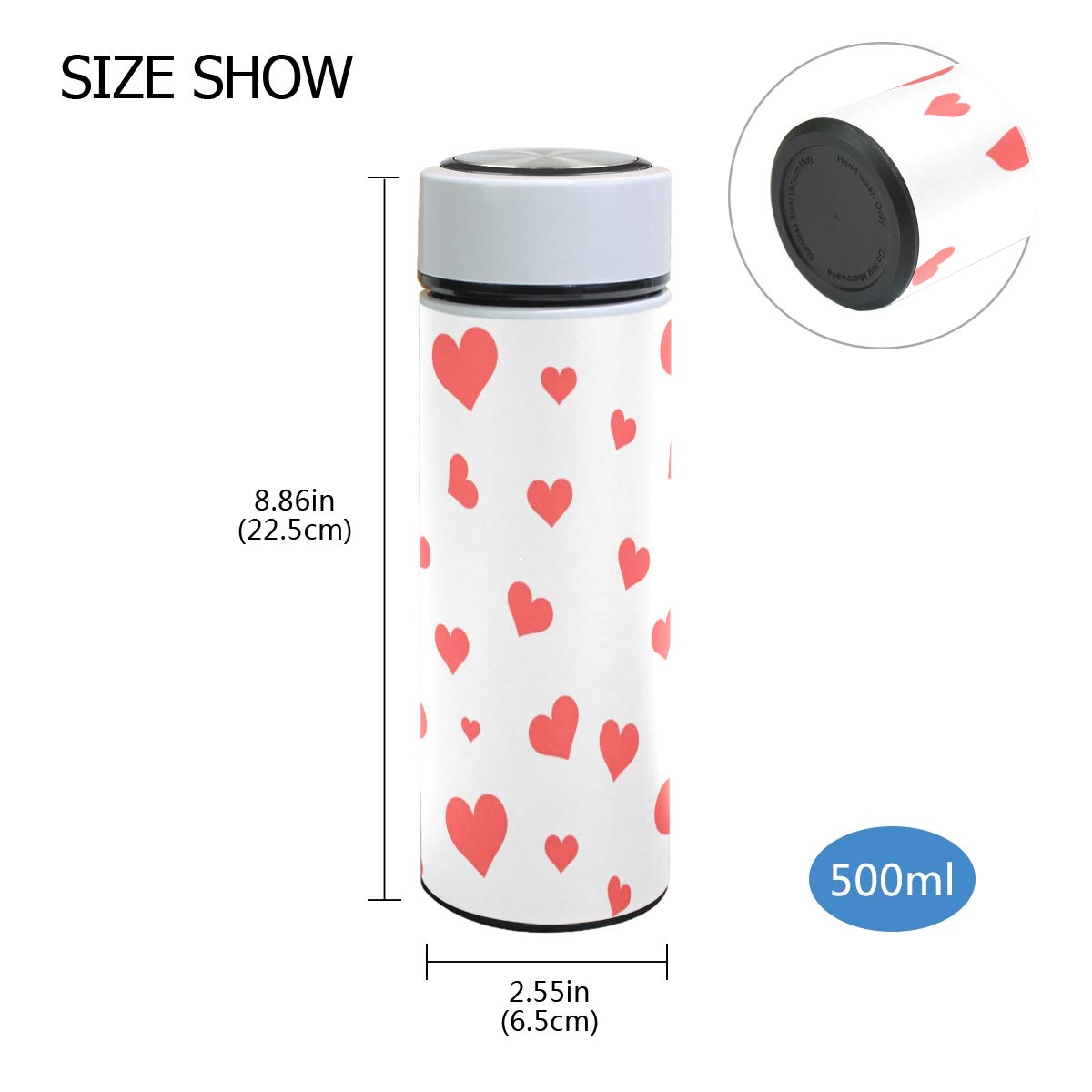 Amazon｜ミヤビヤ 水筒 500ml ハート柄 心柄 ハーツ柄 ホワイト 赤い