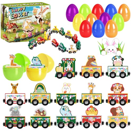 Facairzd 12 Stück Ostereier mit Magnetic Holz Eisenbahn Kinder,Ostergeschenke Kinder,Ostern Deko,Füllungen für Ostereier, unverzichtbare Füllungen für Körbchen und Partygeschenke