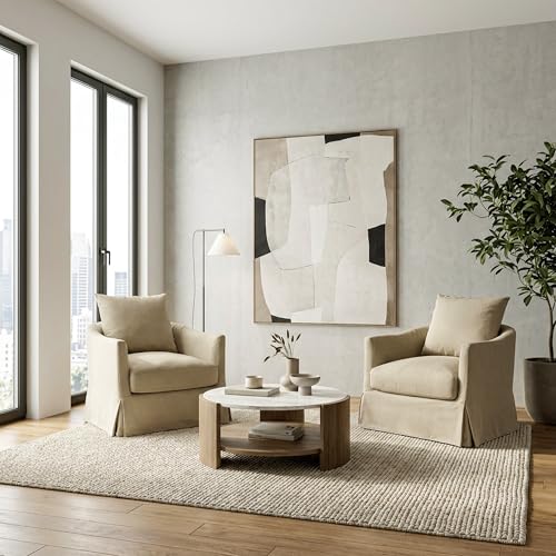 KINWELL 32" Wide Slipcovered No Assembly Swivel Barrel Armchair Set of 2