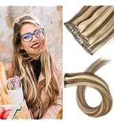 5pcs Clip in Hair Extensions 100% Human Hair 18 Inch Light Brown Mixed Bleach Blonde Highlights f...