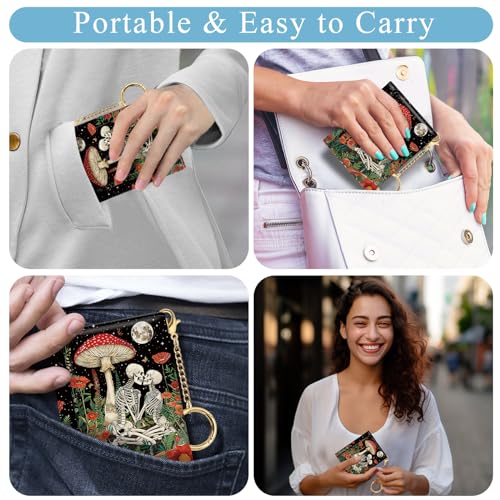 Image of Jogjam Mushroom Skull Small Ladies Wallets, Skeleton Goth Horror Rfid Womens Wallet, Slim Thin Trifold Woman Wallet, Travel PU Leather Card Holder Wallet, Compact Key Chain Cash Wallet, Female Gifts