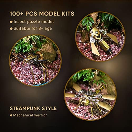 Circular images showing individual assembled insect models and text '100+ PCS MODEL KITS'