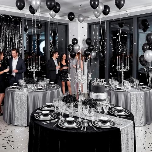 Buryeah 12 Pcs 84 Inch Black and Silver Round Plastic Disposable Table Cloth Waterproof Tablecloth Circle Table Covers for Graduation Prom Bridal Wedding Birthday Party Gender Reveal Baby Shower by Buryeah - Used condition - Image 2