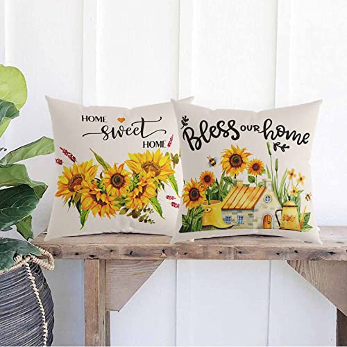 Sunflower Pillow Covers 18X18 Inch Set Of 4 Farmhouse Summer Decorative Throw Pillow Cases Blue Truck Sunflower Home Linen Cushion Covers For Outdoor Patio, Home Bed Couch Decor (Yellow Sunflower) #TOP1