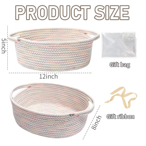 Image of JMvicyroam Small Woven Basket, Empty Gift Basket, Colorful /2 Pack | Small Gift Basket, Cotton Rope, 12 x 8 x 49 in, Handles, Includes Ribbon and Bag, Birthday Gift Basket