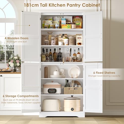 HOCSOK Armario de cocina, armario alto de 180 cm, armario buffet con 4 puertas, armario comedor para salón, cocina, 180 × 80 × 40 cm, color blanco - imagen 5