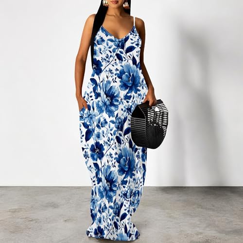 Image of Women's Summer Maxi Dress Spaghetti Strap Floral Boho Beach Long Sundress with Pockets