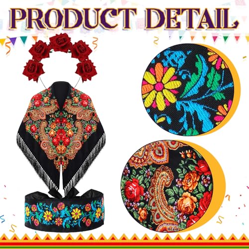 Zoooyawn 3 Pcs Traditional Tassel Exotic Wrap Printed Scarf Embroidered Mexican Belt Adjustable Mexican Rose Flower Floral Crown Day of the Dead for Women Boho Floral Traditional Fiesta Party Sash3