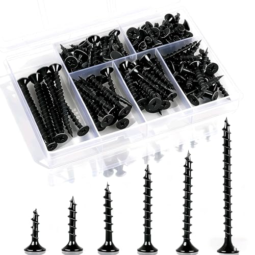 Ywmimn 105 Pcs Wood Screws Assortment Kit, 6 Sizes High Hardness Drywall Assorted Screws Set, Phillips Drive, Small and Long Black Screws for Wood (2”,1-1/2”,1-1/4”,1”,3/4”,1/2”)