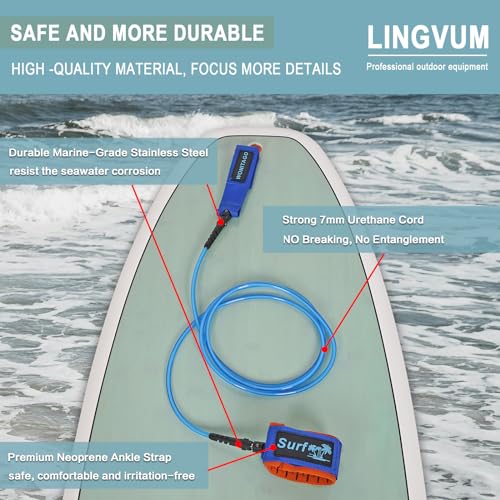 LINGVUM Surfboard Leash Premium Straight Surf Leash SUP Leg Rope 6/7/8/9 feet for Any Surfboards, Longboard, Paddleboard and Shortboard(Blue,6FT) - Thumbnail 5