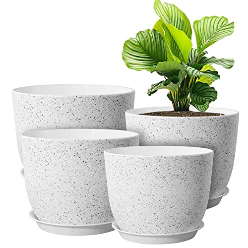 Mornyray Plastic Plant Pots for Indoor Plants, 10/9/8/7.5 Inch Modern Speckled White Plant Pot Set with Drainage Holes and Removable Saucers, Large Flower Pots for Indoor Outdoor Plants