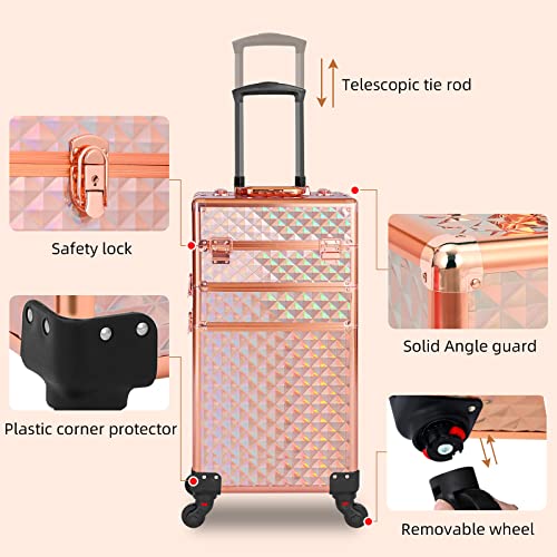Somduy Rolling Makeup Case 3 in 1,Professional Makeup Train Case organizers,Large Storage Cosmetic case Trolley,Makeup Travel Case for Salon Barber Rose Gold,Pink