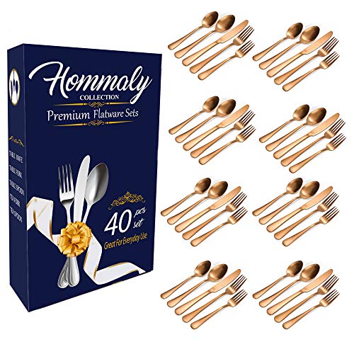 Matte Rose Gold Flatware Set,40piece stainless steel Matte Rose Gold silverwareSet, Tableware Cutlery Set Service for 8,Utensils for Kitchens, Dishwasher Safe(Matte RG 40)