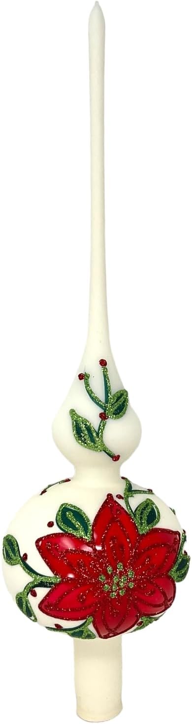 Pinnacle Peak Trading Poinsettia Design White Polish Glass Finial Christmas Tree Topper 14.5 inch