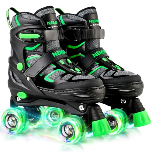 NEMONE Mermaid Adjustable Light up Roller Skates for Girls Boys | 4 Size Roller Skates for Toddlers, Beginner Kids Roller Skates Indoor Outdoor (Green L)