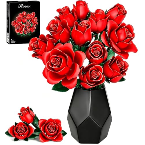 Rose Flowers Bouquet Building Set, 12 Red Roses Artificial Flowers Botanical Collection Building Blocks Kit for Adults Women Girls, DIY Gift for Anniversaries, Birthdays, Mother’s Day & Home Decor