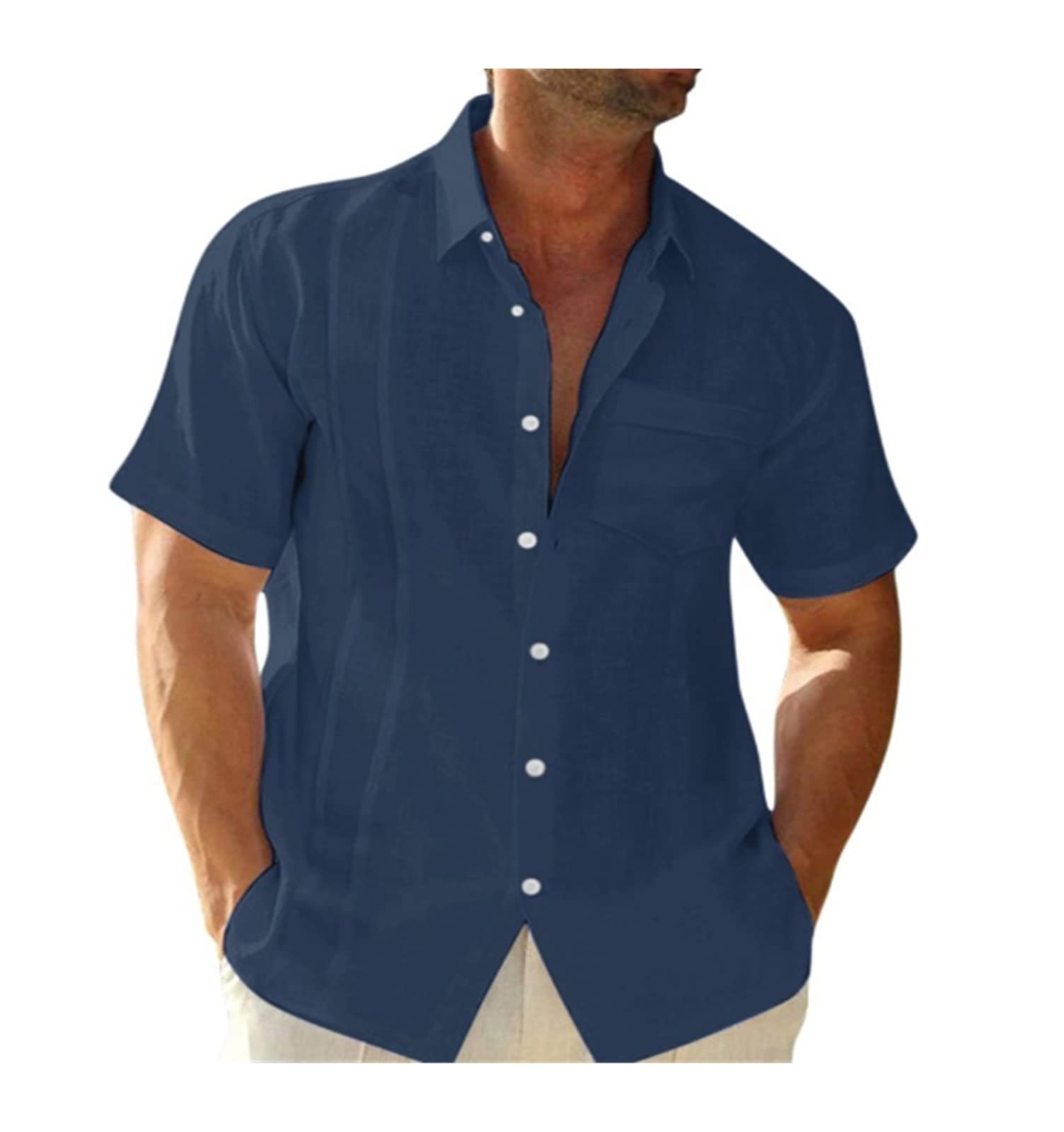 Chemise en lin homme manche courte bleu coupe régulière taille XXL