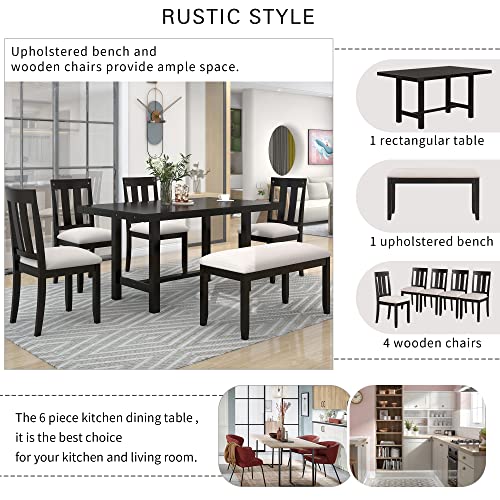 Merax Rustic Style 6-Piece Wood Rectangular Table Set With 4 Chairs & Bench For Dining Room, Espresso+Grey #TOP2