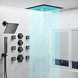 Aposhion LED Music Shower System: Bathroom 16 & 6 Inch Dual Shower Heads with Handheld Sprayer & 6 Body Massage Jets, Ceiling Mount Thermostatic Shower Faucets Set with Valve, Matte Black