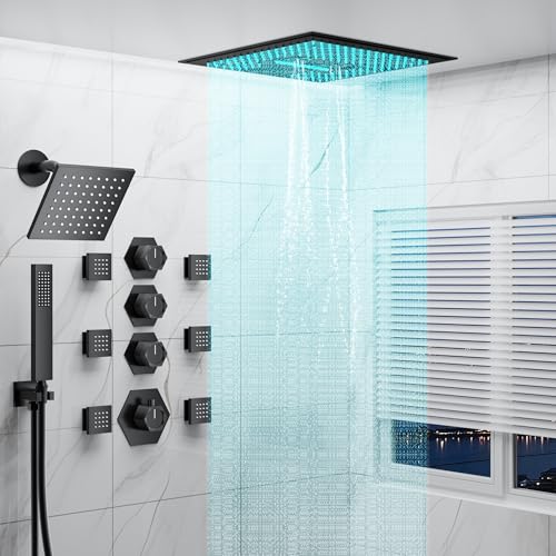 Aposhion LED Music Shower System: Bathroom 16 & 6 Inch Dual Shower Heads with Handheld Sprayer & 6 Body Massage Jets, Ceiling Mount Thermostatic Shower Faucets Set with Valve, Matte Black