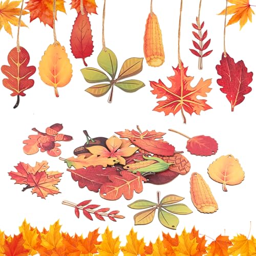18 Pezzi Ornamento in Foglia di Legno, Ciondolo Autunnale Decorativo con Corda di Canapa 5m, 18 Diverse Foglie d’Aceri in Legno per Matrimonio e Decorazione di Festa