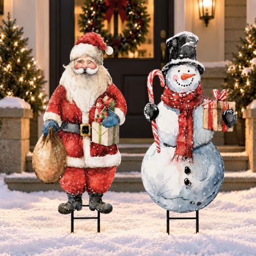 Christmas Decorations Outdoor, 2pcs Santa Claus Snowman Metal Yard Signs | 37" Large Rustic Vintage Winter Signs Stakes Xmas Decor for Lawn Front Door Garden Home Farmhouse Porch Outside