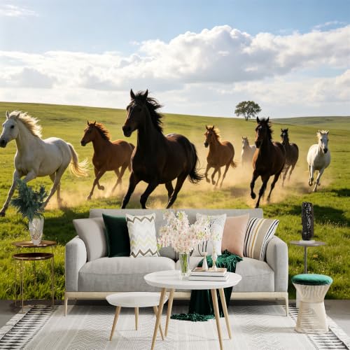 Custom Size Wall Sticker Mural， Wild Horses Running in Meadow， Galloping Stallions， Sunny Nature Landscape， for wall Decoration， peelandstick wall Decals.