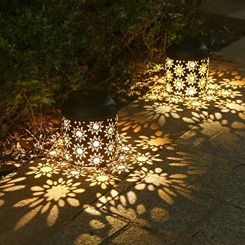 Tomshin+ 2 Pack Solar Lantern Light Outdoor Hanging Garden Lights Metal Lamp Courtyard Decorations for Patio Yard,Porch,Lawn,Art Garden Accessories