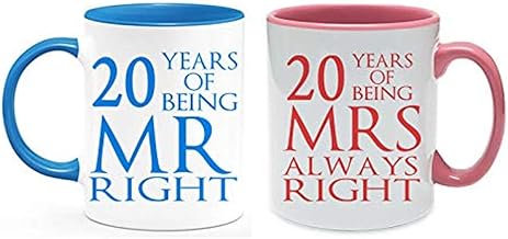 China Anniversary 20 Years of Being Mr Right & Mrs Always Right Set of 2 Wedding, Valentines Day, Coloured Couple Mug Set. (20 Years)
