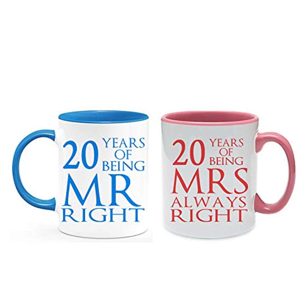 China Anniversary 20 Years of Being Mr Right & Mrs Always Right Set of 2 Wedding, Valentines Day, Coloured Couple Mug Set. (20 Years)