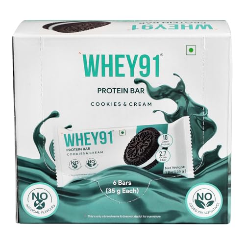 Image of Whey91 Cookies & Cream Protein Bar, 10g Protein & 2.7g Fiber in each, No Preservatives, No Artificial Flavours, 210g- (Pack of 6)