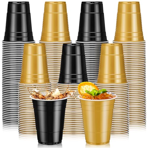 Lounsweer 100 Pcs 16 oz Party Plastic Cups, Black, Gold