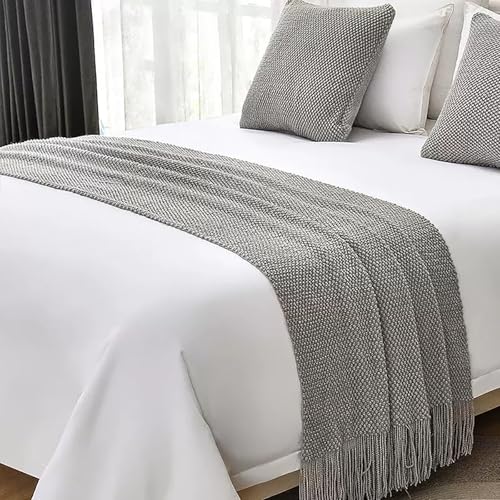 Grey Knitted Bed Runner Scarf for Queen Size Bed (91x28 In,1 Piece) | Boho Raised Knit Texture, Solid Color with Fringe Trim Simple Bed Runner Scarf Decoration for Bedroom Bench Sofa