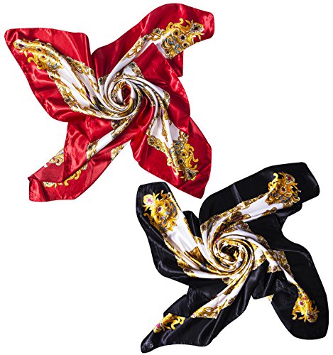 Senker Fashion 2 Pcs Womens Satin Scarf Large Square Silk Feeling Head Hair Scarves Wraps For Sleeping 35 X 35 Inches,Black&Red #TOP6