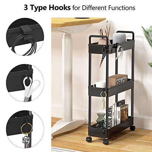 Solejazz Slim Storage Cart, 3 Tier Bathroom Cart Organizer Mobile Shelving Unit Rolling Utility Cart, Slide Out Organizer For Kitchen, Bathroom, Laundry, Narrow Places, Black #TOP2