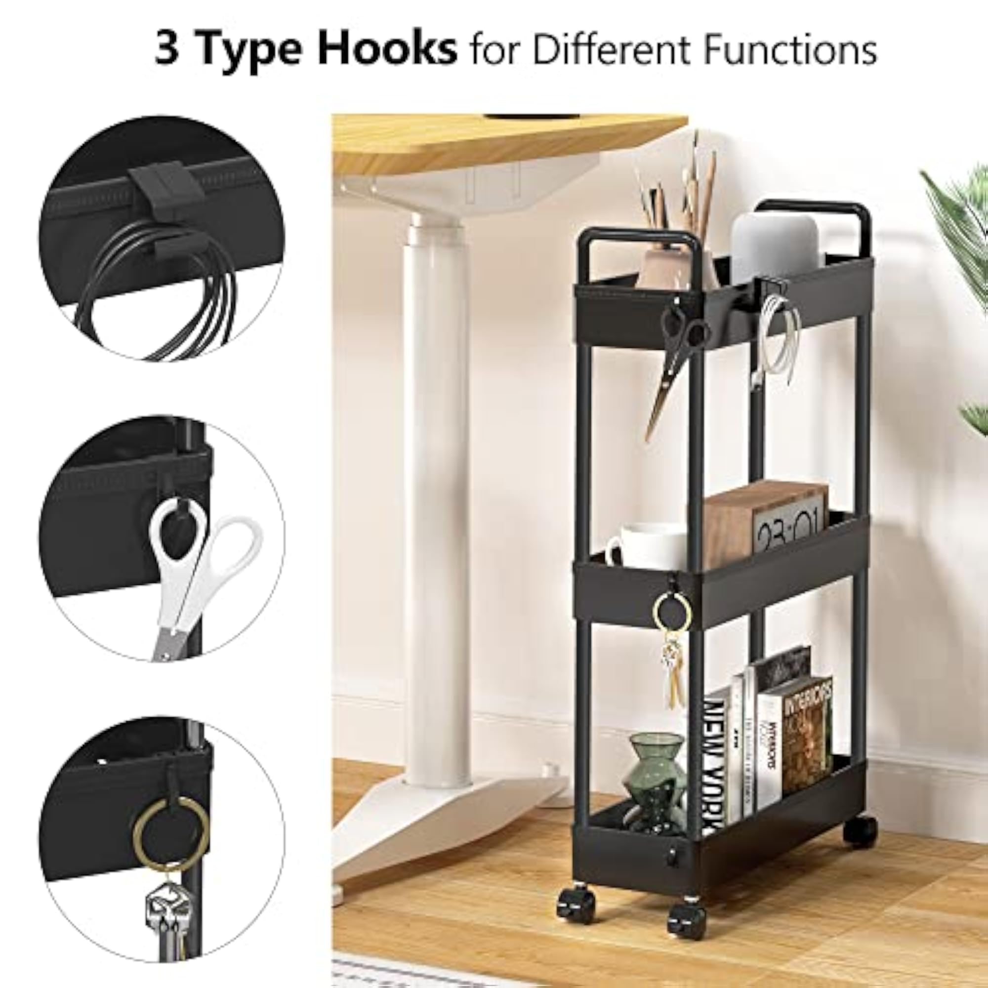 3-Tier Slim Mobile Storage Cart with Handle for Narrow Spaces, Black