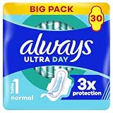 Always Ultra Serviettes Hygiéniques, Taille 1, Normal, 30 Serviettes Avec Ailettes, Flux légers Jour, Max Confort, Super Absorbantes et Ultra Fines