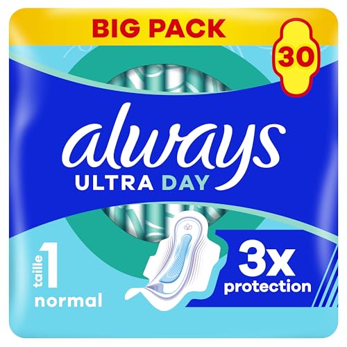 Always Ultra Serviettes Hygiéniques, Taille 1, Normal, 30 Serviettes Avec Ailettes, Flux légers Jour, Max Confort, Super Absorbantes et Ultra Fines