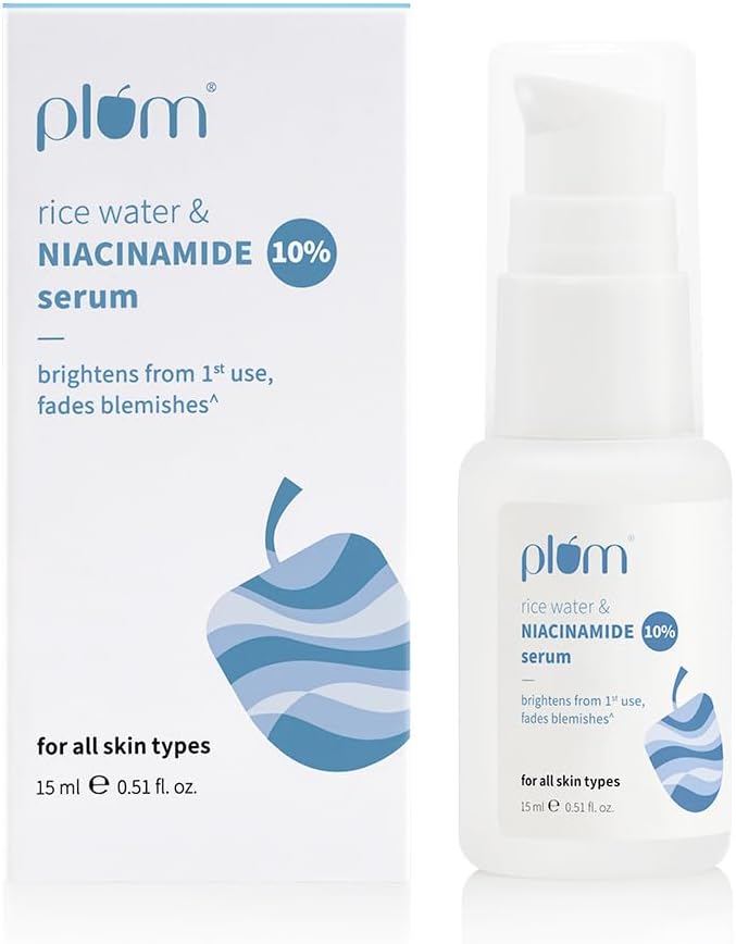 Plum 10% Niacinamide Face Serum For Clear, Bright Skin | Fades Blemishes & Dark Spots | With Rice Water |Beginner Friendly | All Skin Types | Women & Men | Fragrance-Free | 100% Vegan | 15 Ml
