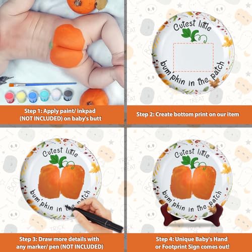 Image of Cutest Little Pumpkin in the Patch DIY Baby's First Halloween Ceramic Novelty Plates Gifts for Babies, Bottom Butt Print Crafts, Project Memory Keepsake Milestone, Halloween Decor 8'', Toddler Craft