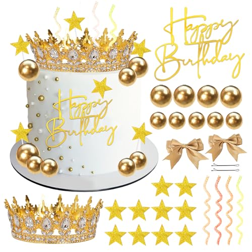 Crown Cake Topper Gold Happy Birthday Cake Toppers with Balls Bows for Princess Wedding Valentine's Day Party Supplies