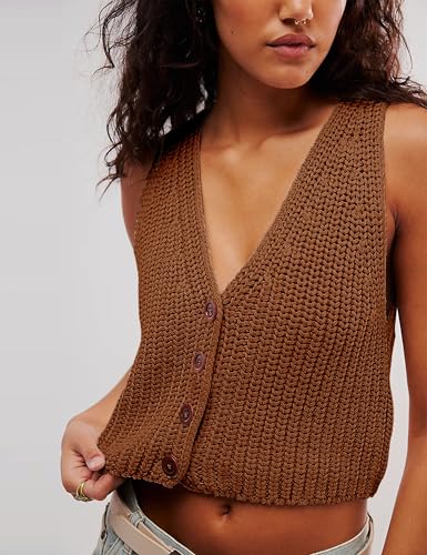 Image of SKIKYAN Womens Casual Knit Sweater Vest Button Down Sleeveless Crochet Crop Short Cardigans(Brown-XS)