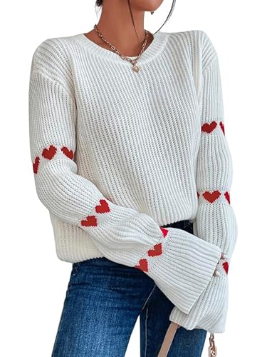 Image of Women's Casual Heart Cute Sweater Round Neck Drop Shoulder Long Sleeve Knitted Pullover Sweater Top