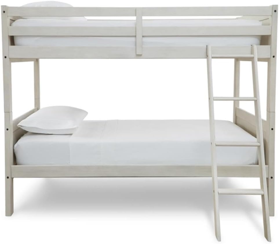 BOWERY HILL Twin/Twin Bunk Bed with Ladder, Antique White Finish, Solid Wood and Engineered Wood Frame, 79x41x62 in, Contemporary Design for Kids or Guest Room