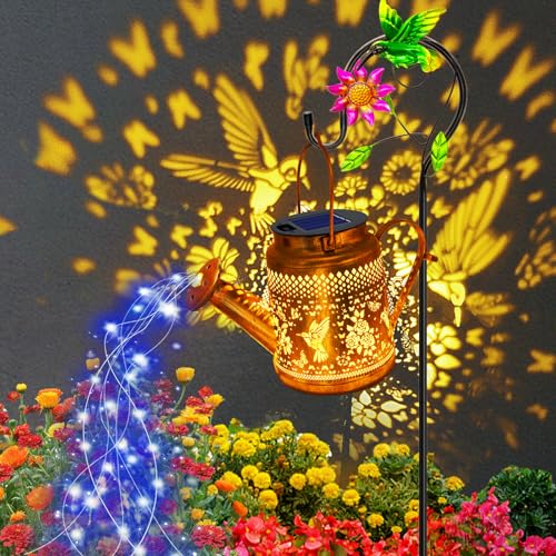 Big Solar Lanterns Outdoor Waterproof, Gift for Mom Grandma Women Wife Daughter Mother's Day, Blue Hummingbird Watering Can Light With Shepherd Hook, Solar Path Light Yard Outdoor Patio Garden Decor